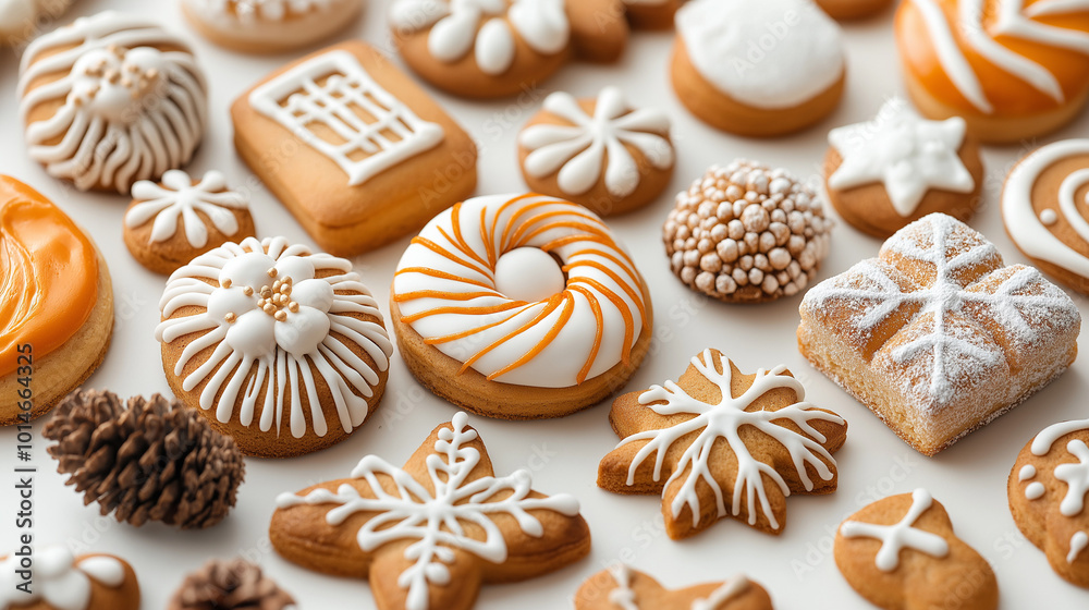 Assortment of iced gingerbread cookies on a white background. Assortment of iced gingerbread cookies on a white background.