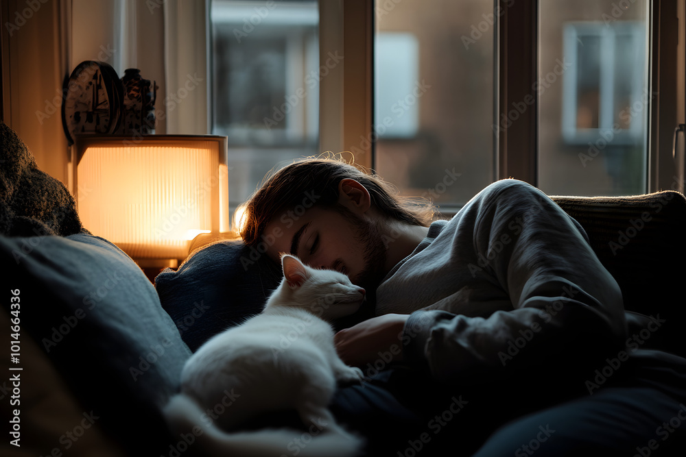 Man Sleeping with White Cat on Couch Cozy Home Interior Man Sleeping with White Cat on Couch Cozy Home Interior