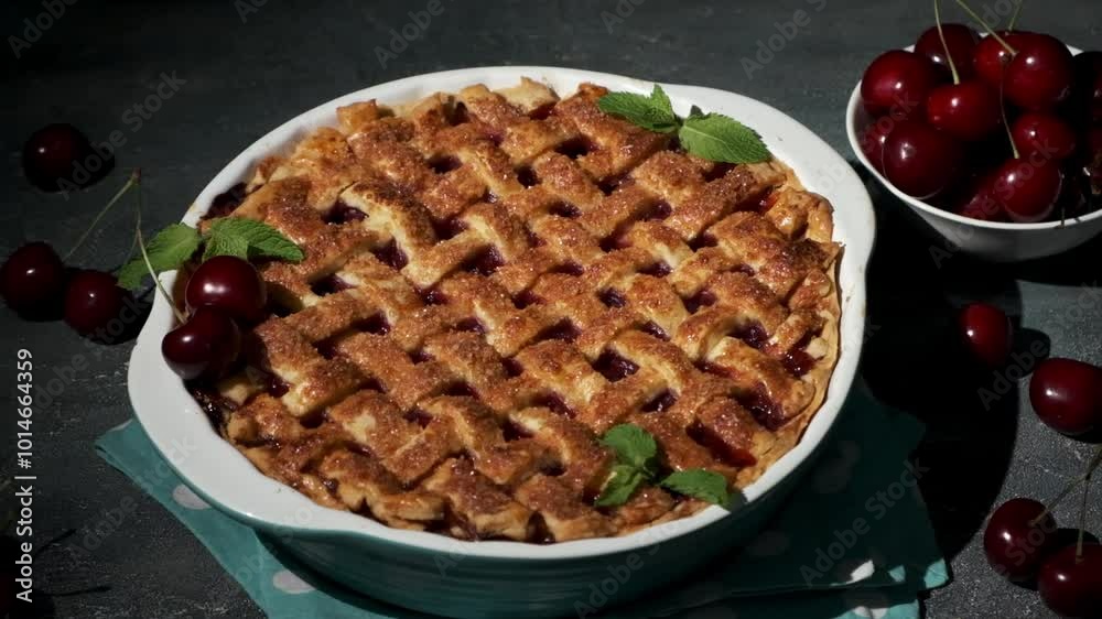 Delicious homemade cherry pie with Flaky Crust sprinkled with sugar on the grey concrete background. American traditional cherry tart. Delicious homemade cherry pie with Flaky Crust sprinkled with sugar on the grey concrete background. American traditional cherry tart.