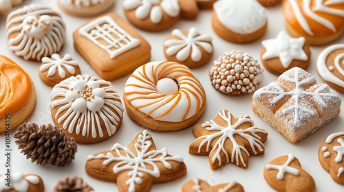 Assortment of iced gingerbread cookies on a white background.