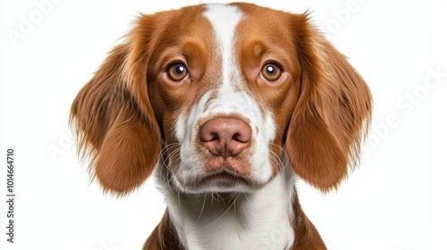 Brittany Spaniel sits elegantly, showcasing its striking orange-and-white fur and soulful eyes, embodying the essence of gentle companionship in a studio setting.