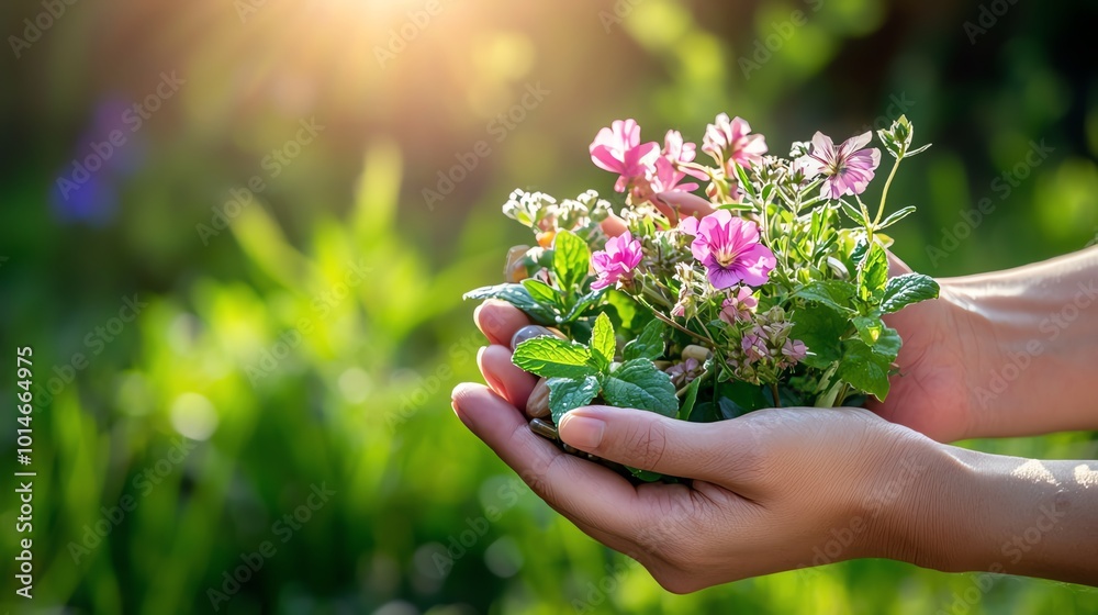 A serene image of hands holding a bouquet of pink flowers, surrounded by vibrant green foliage, illuminated by warm sunlight. A serene image of hands holding a bouquet of pink flowers, surrounded by vibrant green foliage, illuminated by warm sunlight.