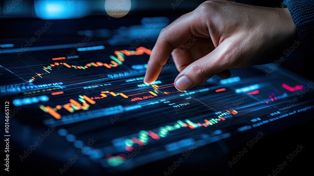 A close-up of a hand pointing at a stock market graph on a tablet. A close-up of a hand pointing at a stock market graph on a tablet.