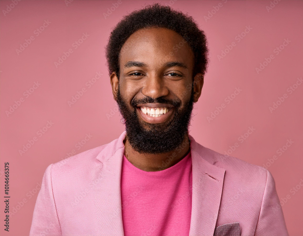Fototapeta premium Man Wearing Pink Suit Against Studio Background