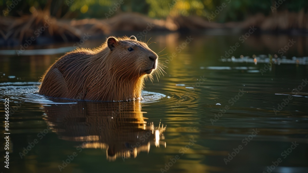 A capybara upper half is visible as it swims leisurely in the water. A capybara upper half is visible as it swims leisurely in the water.