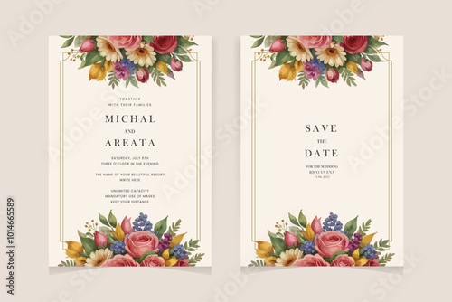 Elegant wedding invitation card template set with watercolor and floral decoration. Flowers background for social media stories, save the date, greeting, rsvp, thank you

