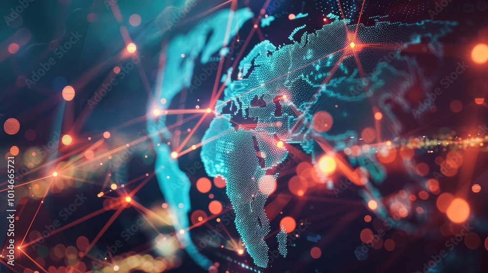 Abstract digital representation of a global network with data points and connections, highlighting global communication and technology.