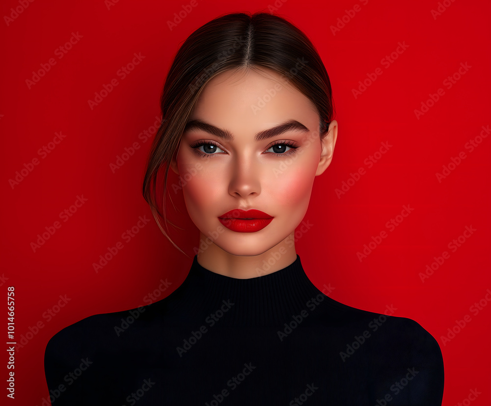 Elegant female model with sleek hair, wearing black top and red lipstick. Elegant female model with sleek hair, wearing black top and red lipstick.