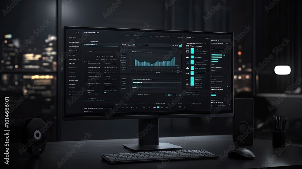 A computer monitor displaying a data analysis dashboard with graphs and charts in a dark office setting. A computer monitor displaying a data analysis dashboard with graphs and charts in a dark office setting.