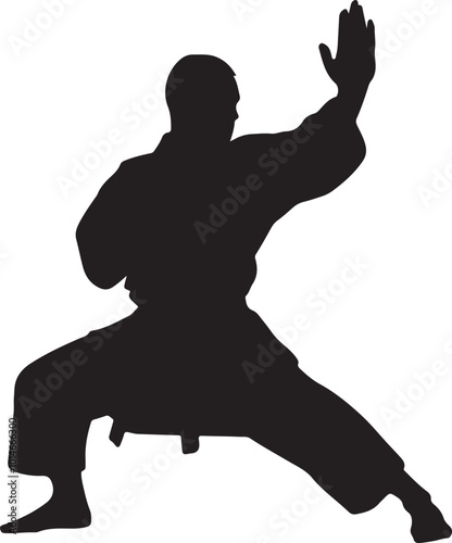 Karate Silhouette Illustration in Powerful Fighting Position - Martial Arts Vector.