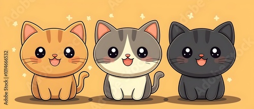 Three adorable cartoon cats with big eyes and happy expressions sitting on a yellow background.