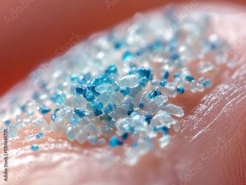 Macro shot of blue and white microbeads on a fingertip illustrating microplastic pollution photo