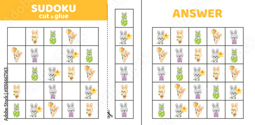 Sudoku with five Easter hares. Game puzzle for kids. Cut and glue. Cartoon
