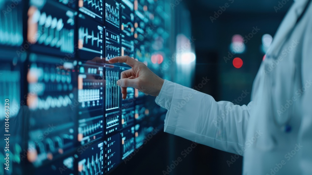 Close-up of a doctor using a futuristic touchscreen display to analyze real-time medical data and patient health metrics in a modern healthcare facility. Close-up of a doctor using a futuristic touchscreen display to analyze real-time medical data and patient health metrics in a modern healthcare facility.