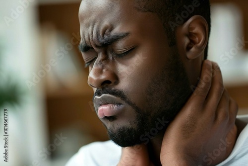 The beautiful African American man is grimacing in pain, holding his neck and looking down, possibly feeling the effects of a thyroid gland or salivary disease. photo