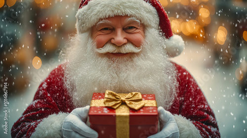 elderly Santa Claus with uniform stands with secret warmth smile, holding a red gift box with festive gold bow tie in the soft snow falling