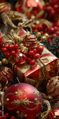 A box of red and gold ornaments sits on a table