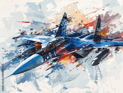 A blue fighter jet is flying through a colorful sky. The painting is abstract and has a sense of motion and energy