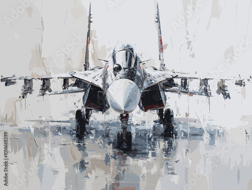 A fighter jet is painted in a very detailed and realistic manner. Concept of power and strength, as the jet is the main focus of the painting. The use of bold colors