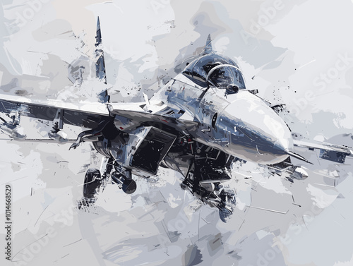 A colorful jet is flying through the sky. The colors are bright and vibrant, giving the image a sense of energy and excitement. The jet is the main focus of the painting, with its wings