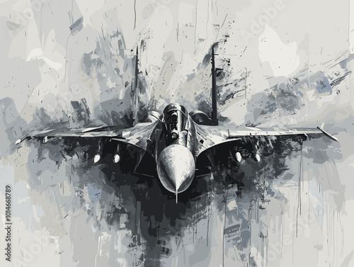A colorful jet is flying through the sky. The colors are bright and vibrant, giving the image a sense of energy and excitement. The jet is the main focus of the painting, with its wings