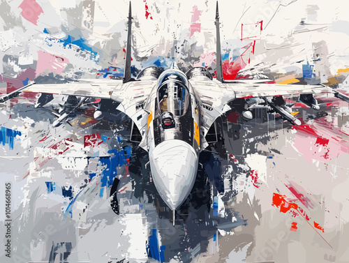 A colorful jet is flying through the sky. The colors are bright and vibrant, giving the image a sense of energy and excitement. The jet is the main focus of the painting, with its wings