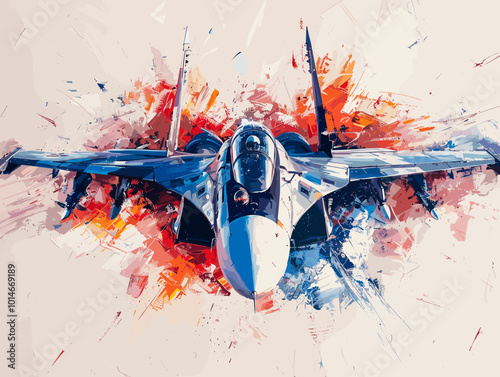 A colorful jet is flying through the sky. The colors are bright and vibrant, giving the image a sense of energy and excitement. The jet is the main focus of the painting, with its wings