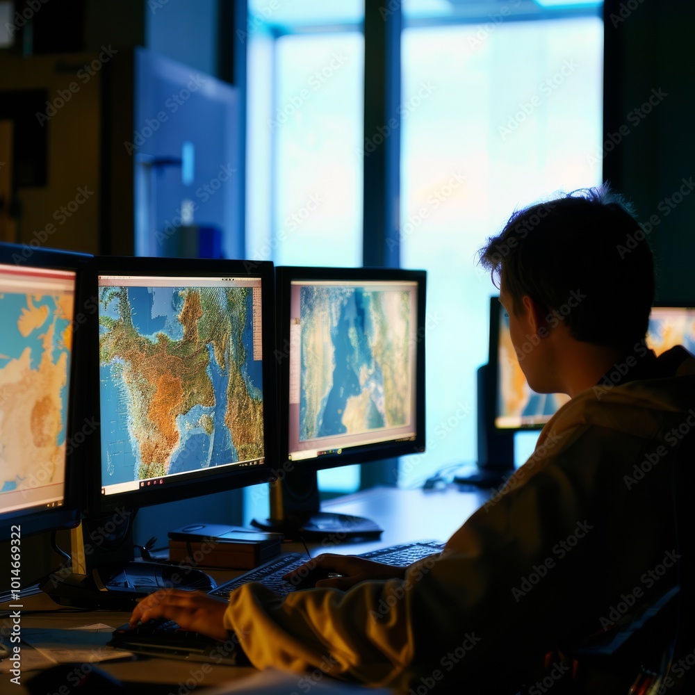 An individual immersed in analysis, observing multiple vibrant digital screens displaying dynamic world maps, embodying discovery and technological depth. An individual immersed in analysis, observing multiple vibrant digital screens displaying dynamic world maps, embodying discovery and technological depth.