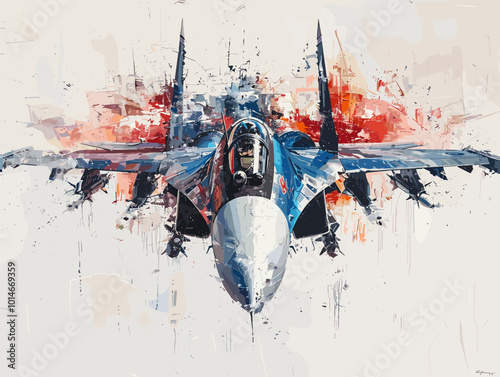 A colorful jet is flying through the sky. The colors are bright and vibrant, giving the image a sense of energy and excitement. The jet is the main focus of the painting, with its wings