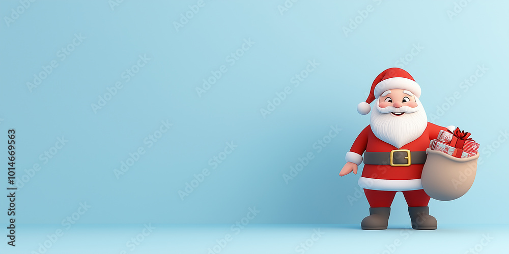 Kleiner lustiger Weihnachtsmann Comicfigur hält Sack mit Geschenke. Freier Platz für Werbetext. Werbebanner Postkarte Weihnachtsgrüsse