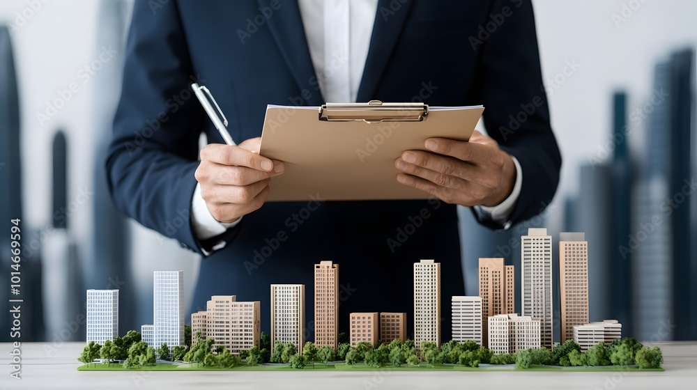 A business professional examines a miniature city model, holding a clipboard, suggesting planning or development in architecture and urban design. A business professional examines a miniature city model, holding a clipboard, suggesting planning or development in architecture and urban design.
