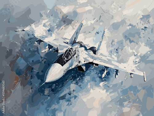 A colorful jet is flying through the sky. The colors are bright and vibrant, giving the image a sense of energy and excitement. The jet is the main focus of the painting, with its wings
