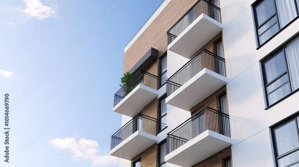 Modern apartment building with balconies, showcasing a stylish design against a clear blue sky. Modern apartment building with balconies, showcasing a stylish design against a clear blue sky.