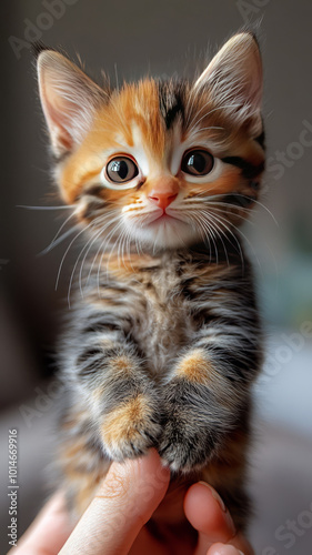 Colorful kitten with someone's fingertip standing on it. Very realistic macro shot. Bright colors. Natural light.