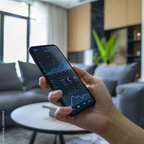 Wallpaper Mural In a modern living room, a hand holds a smartphone showing fitness and health statistics, symbolizing a lifestyle of wellness and tech integration. Torontodigital.ca