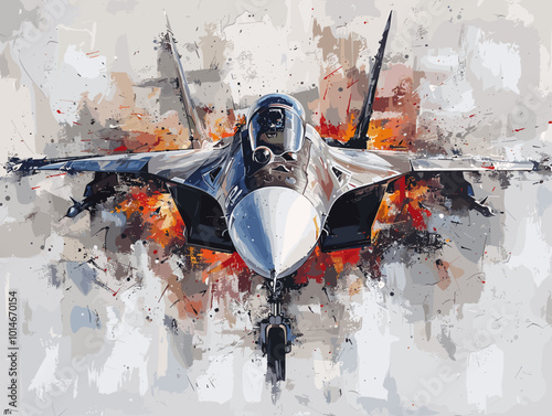 A colorful jet is flying through the sky. The colors are bright and vibrant, giving the image a sense of energy and excitement. The jet is the main focus of the painting, with its wings
