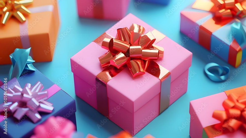 Colorful gift boxes with ribbons are artfully arranged on a vibrant blue background, creating a festive and cheerful atmosphere. Colorful gift boxes with ribbons are artfully arranged on a vibrant blue background, creating a festive and cheerful atmosphere.