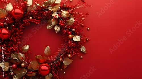 A festive red wreath adorned with gold leaves and shiny ornaments against a solid red background, perfect for holiday decor.