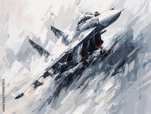 A fighter jet is painted in a very detailed and realistic manner. The painting captures the essence of the jet's speed and power, as well as the excitement