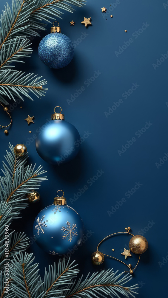 Christmas golden and blue matte ornaments on dark blue background. New Year's card. Christmas golden and blue matte ornaments on dark blue background. New Year's card.