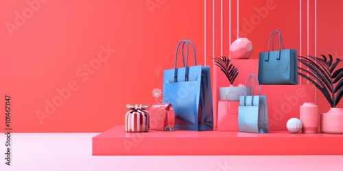 Vibrant shopping bags and gift boxes arranged on a red pedestal with modern decor, perfect for retail and holiday themes.