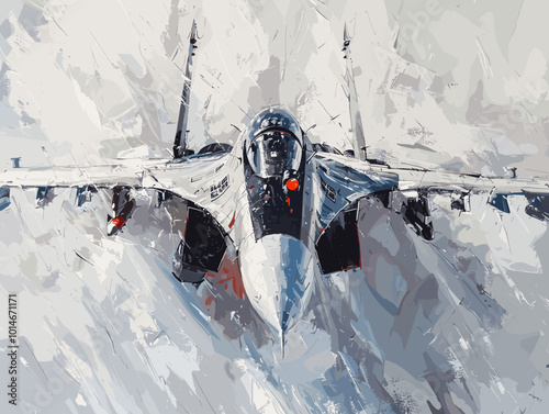 A fighter jet is painted in a very detailed and realistic manner. The painting captures the essence of the jet's speed and power, as well as the excitement