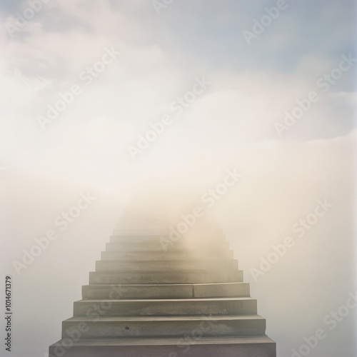 A mysterious staircase ascends into dense fog, evoking a sense of journey into the unknown, filled with enigmatic allure and intrigue. photo