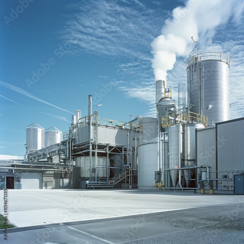 Industrial structures, billowing with steam under a clear sky, symbolize manufacturing and modernization in an expansive industrial setting. photo