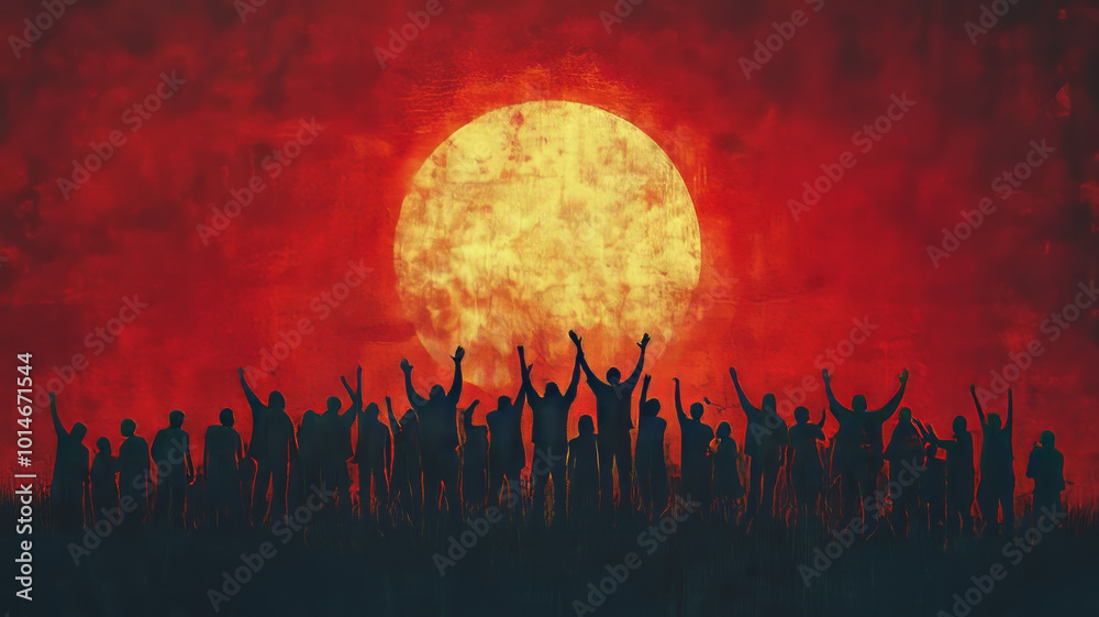huge number of Oppressed masses demand freedom on low angle red grunge background huge number of Oppressed masses demand freedom on low angle red grunge background