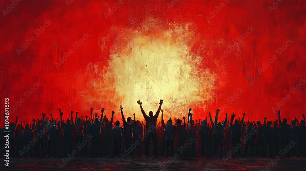 huge number of Oppressed masses demand freedom on low angle red grunge background huge number of Oppressed masses demand freedom on low angle red grunge background