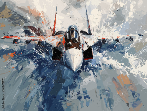A fighter jet is painted in a very detailed and realistic manner. The painting captures the essence of the jet's speed and power, as well as the excitement