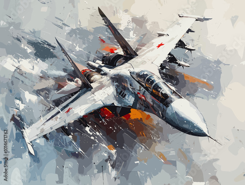 A fighter jet is painted in a very detailed and realistic manner. The painting captures the essence of the jet's speed and power, as well as the excitement