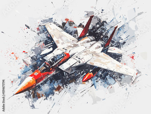 A fighter jet is painted in a very detailed and realistic manner. The painting captures the essence of the jet's speed and power, as well as the excitement