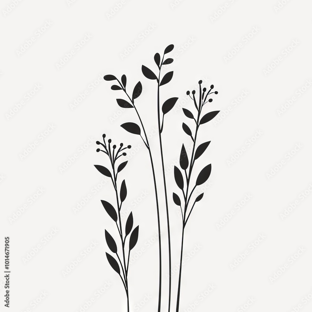 Simple and elegant black and white botanical illustration featuring tall plants with leaves and buds on a white background. Simple and elegant black and white botanical illustration featuring tall plants with leaves and buds on a white background.
